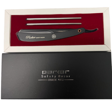 Load image into Gallery viewer, PARKER PTABK ADJUSTABLE STAINLESS BLACK HANDLE STRAIGHT BARBER RAZOR