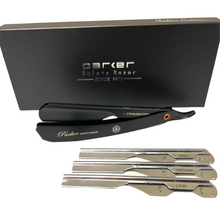 Load image into Gallery viewer, PARKER PTABK ADJUSTABLE STAINLESS BLACK HANDLE STRAIGHT BARBER RAZOR